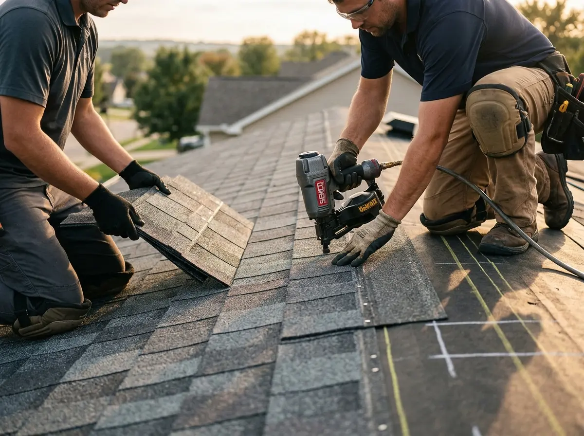 Professional roofer working on a residential roof in Carney